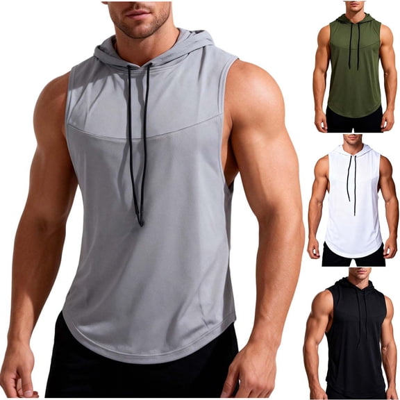 WIZUTIZ Men's Workout Hooded Tank Tops Casual Sleeveless Gym Hoodies Bodybuilding Muscle Cut Off T-Shirts Tee Summer