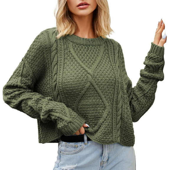 Odeerbi Cable Knit Sweater for Women 2025 Winter Loose Solid Color Pullover Sweater Round Neck Dough Twists Cord Thick Needle Sweater Green