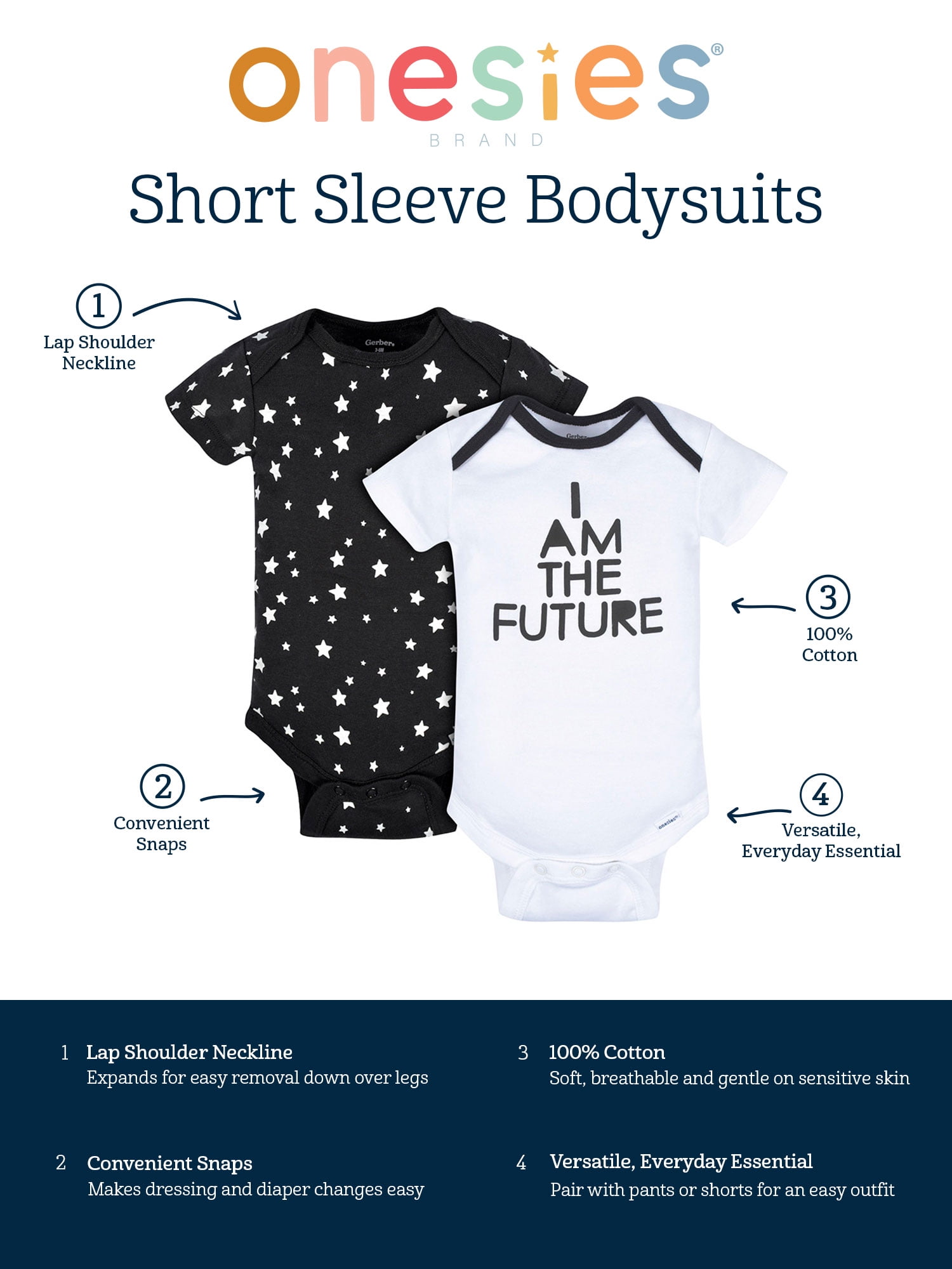 Onesies Brand Baby Neutral Short Sleeve Bodysuits, 2-Pack, Newborn - 6/9 Months