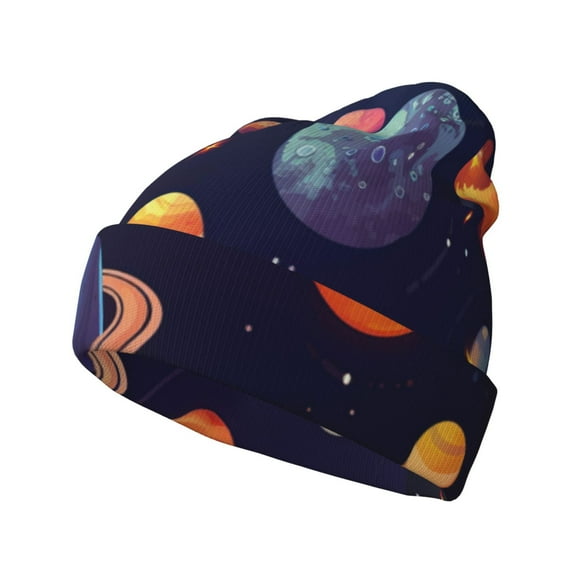 Zufioo Space Planet Print Adult Knitted Hat, Unisex Cuffed Brimless Ski Hat, Suitable for Autumn and Winter