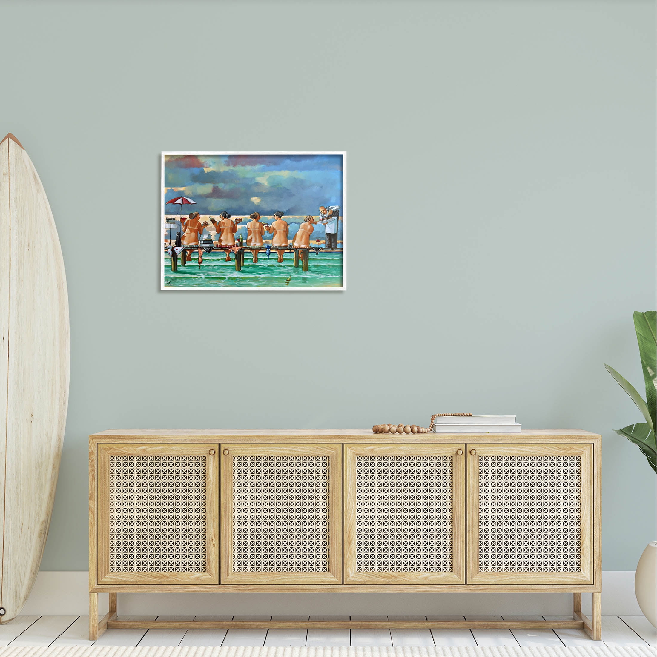 Beach Dock Women Summer Fun Coastal Painting White Framed Art Print Wall Art
