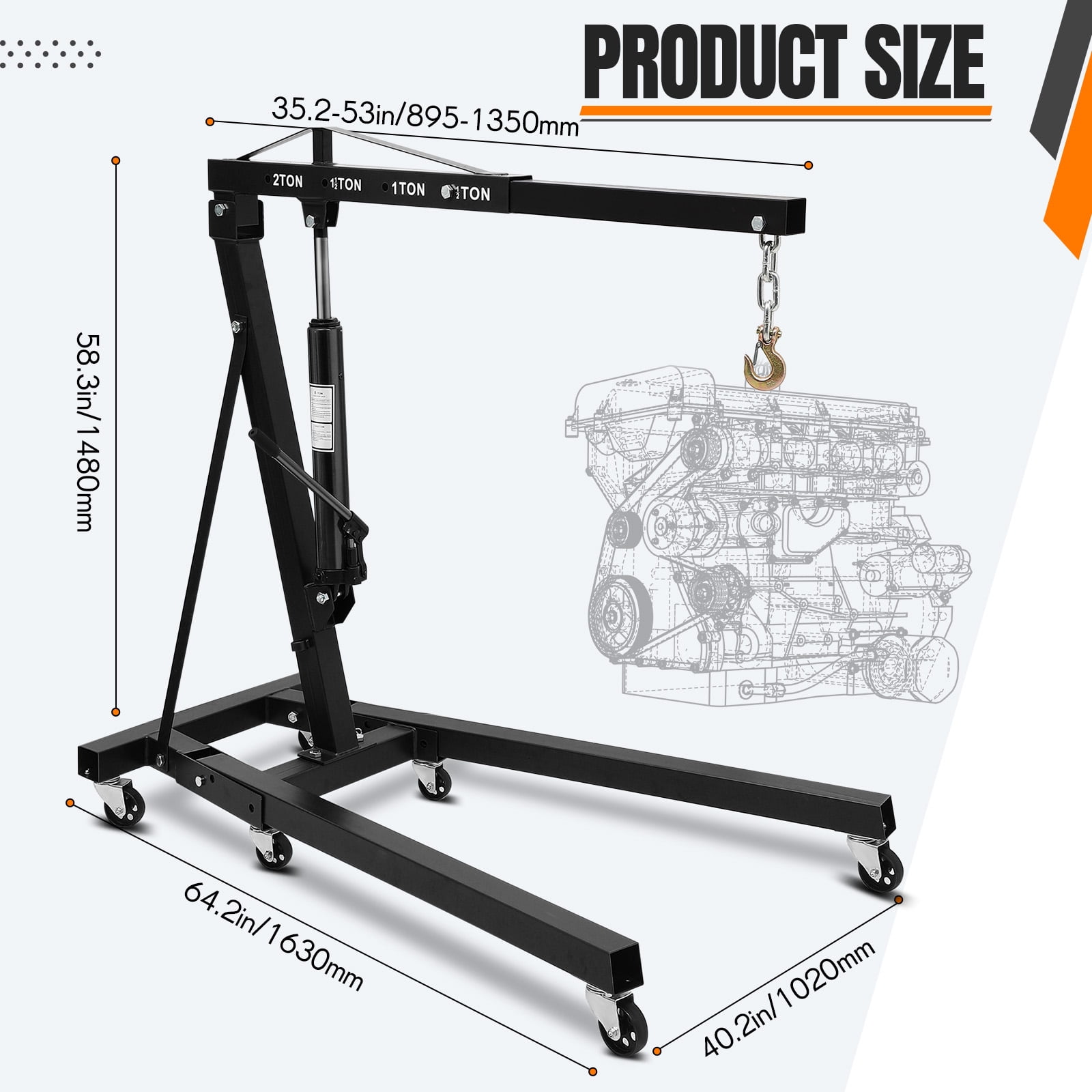 4400LBS Engine Hoist, Folding Hydraulic Hoists Cherry Picker, Heavy Duty Engine Crane Lifter, Orange,black,red,yellow