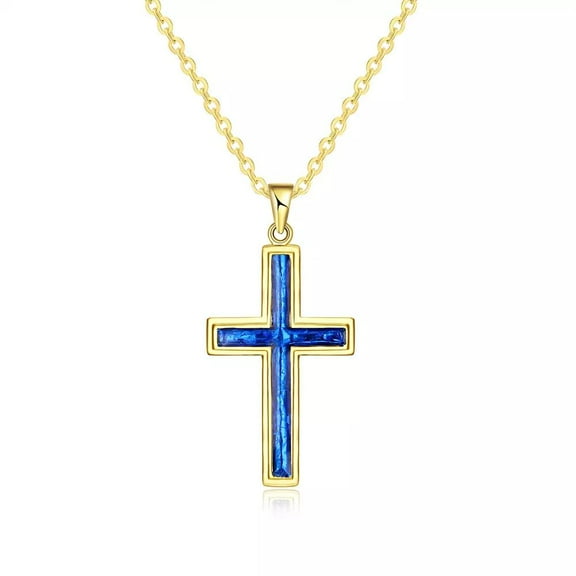 Yellow Gold Plated Necklace Women'S Pendant Cross Blue Opal Lobster Clasp B180