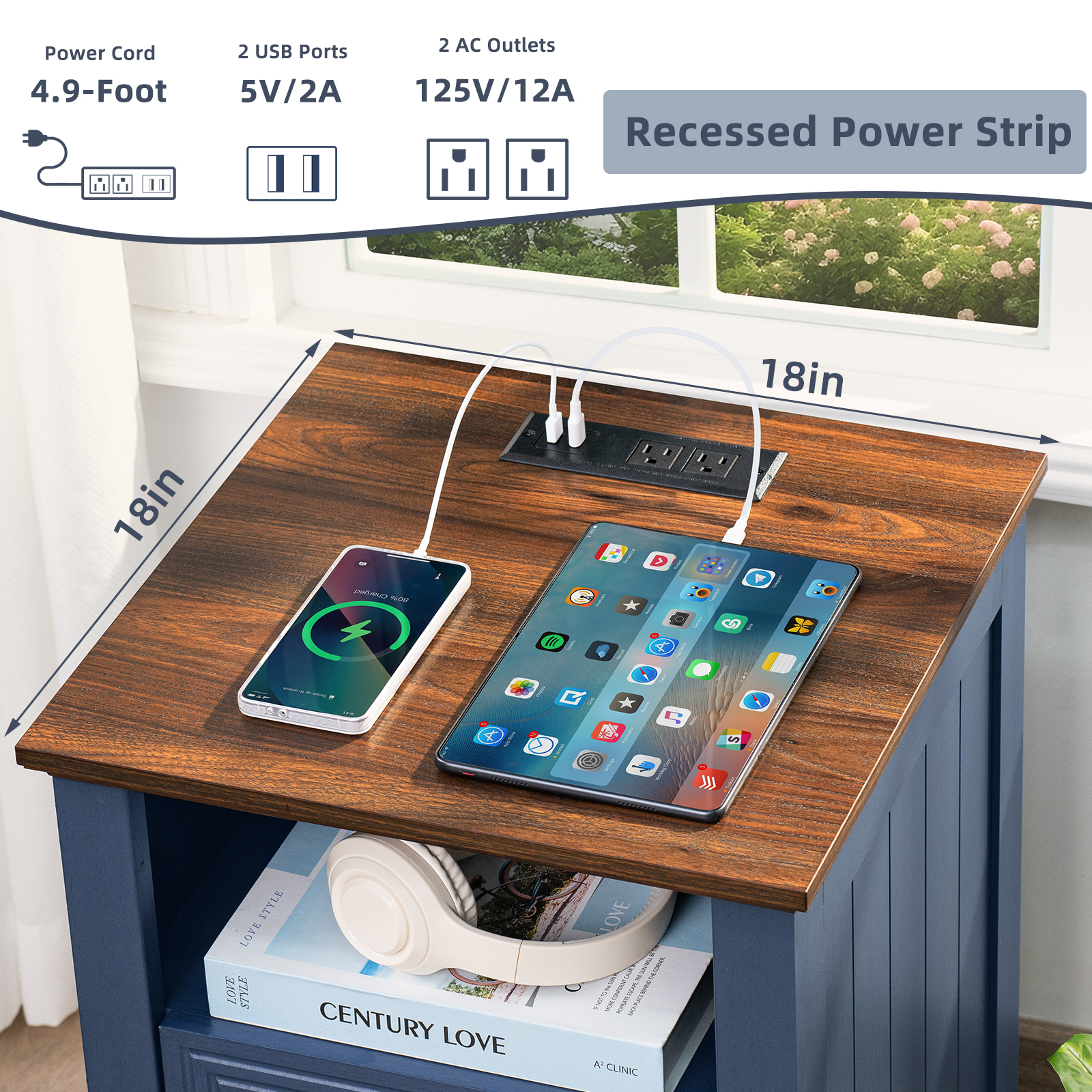 2 Pcs Joaxswe 2 Drawers Farmhouse Nightstand with Charging Station, Bedside Table with Drawers for Bedroom, Adult End Table with Open Shelf, Navy