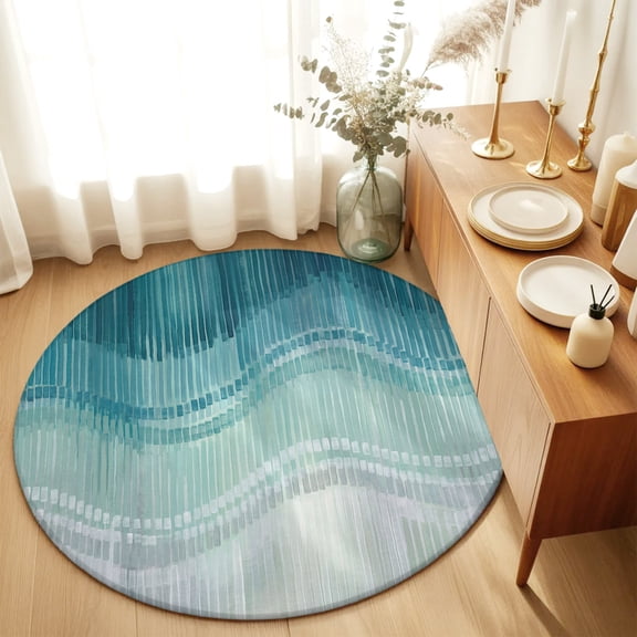 Round Rugs 3Ft, Blue Abstract Art Round Area Rug Washable Indoor Throw Carpet, Modern Stripes Moire Small Non Slip Circle Rug for Bedroom Living Room Home Decor Aesthetic