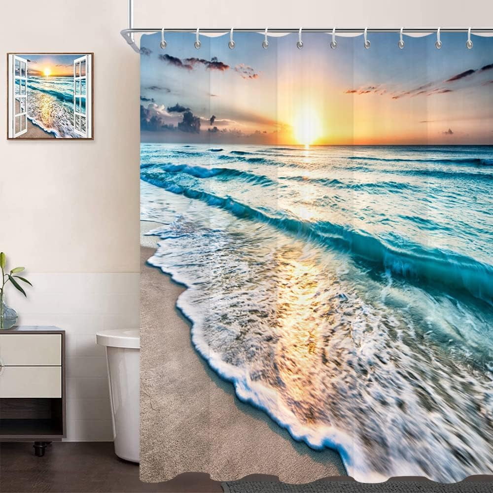 Ocean Beach Shower Curtain, Summer Tropical Ocean Waves Sunset Coastal Hawaii Cool Sea Seaside Scene Island Bathroom Curtain Waterproof Fabric Machine Washable with 12 Hooks