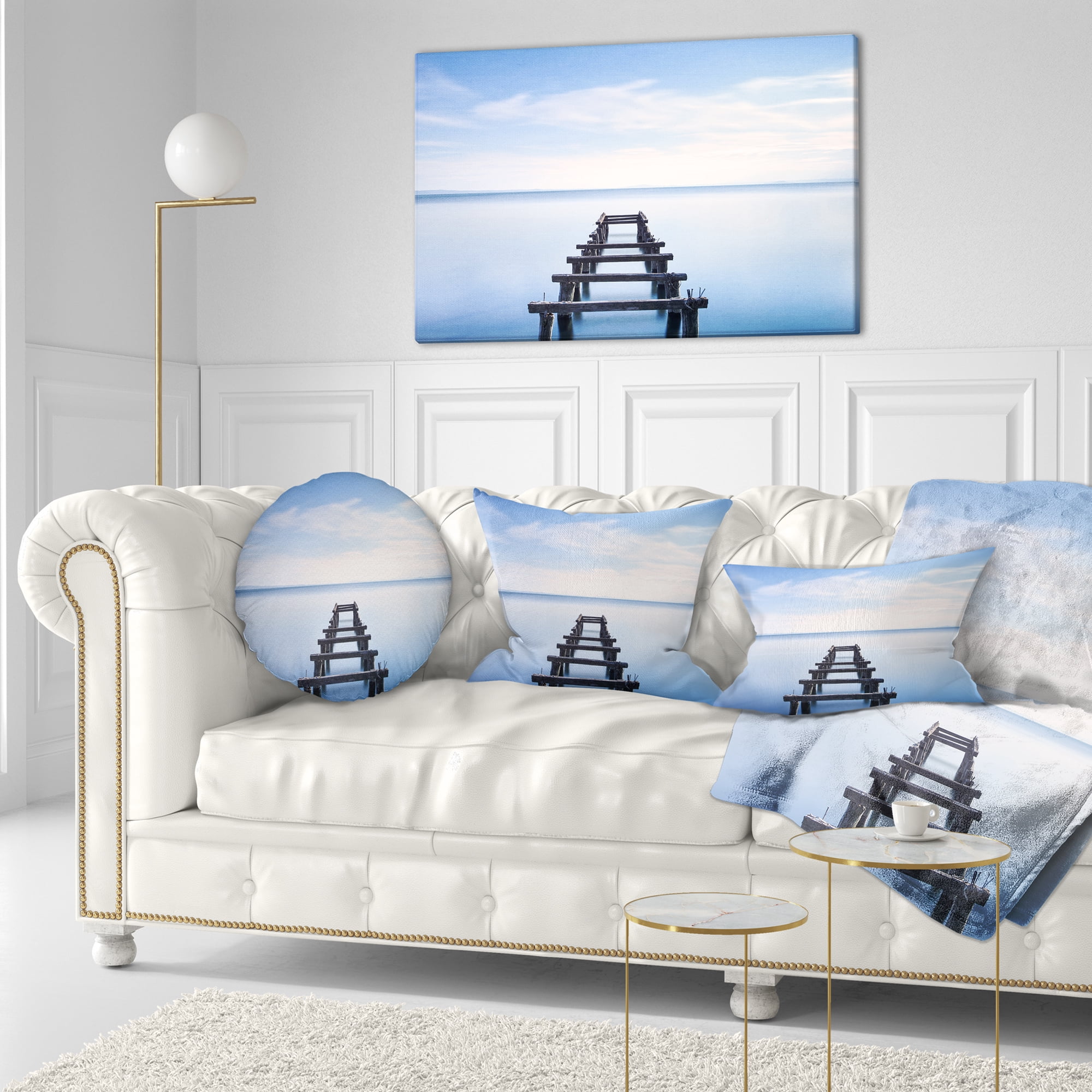 Designart Jetty Remains in Blue Lake - Seascape Throw Pillow - 12x20