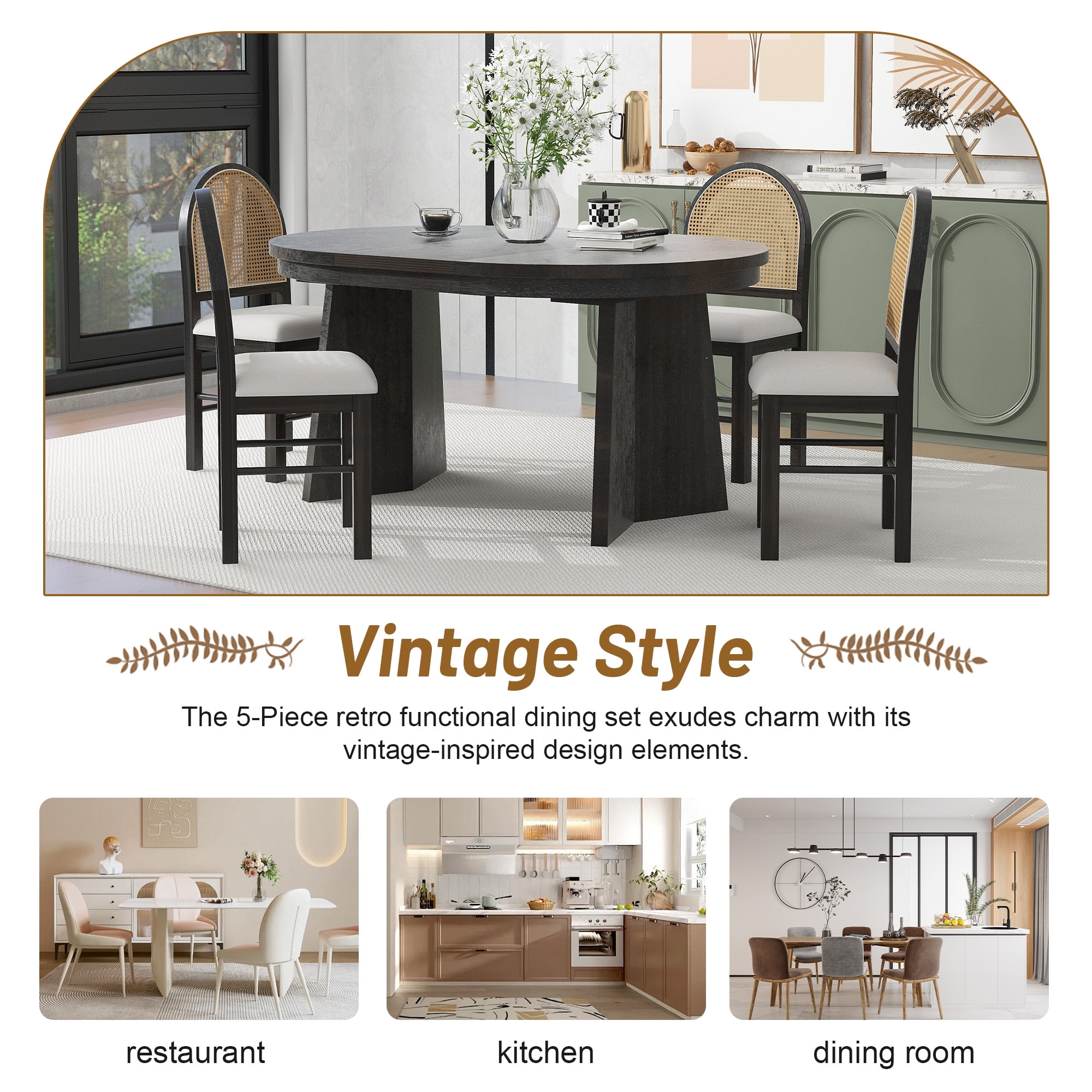Harper & Bright Designs Farmhouse 6 Pieces Dining Table Set for 6, Solid Wood Kitchen Table Set with 4 Upholstered Chairs and Bench, Grey
