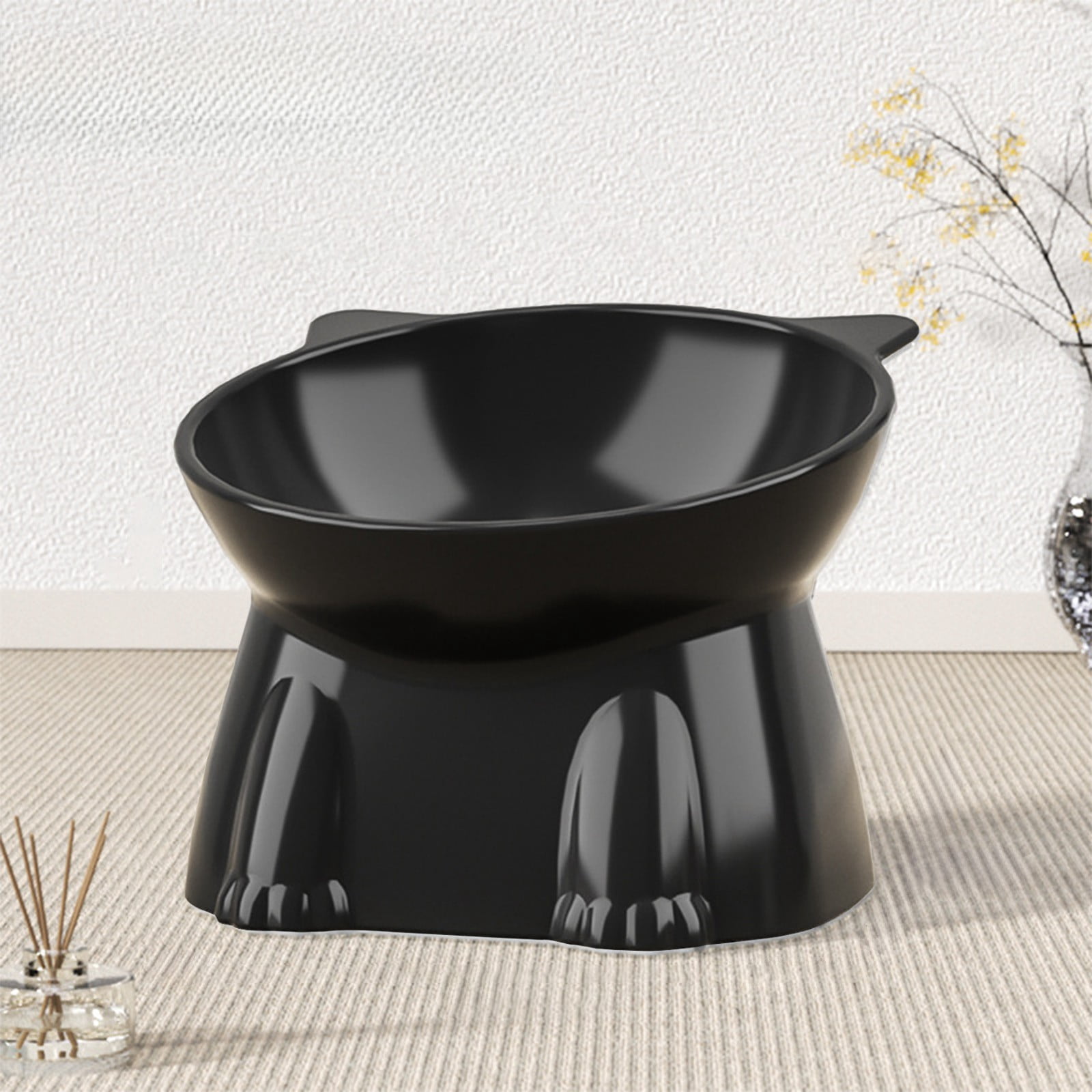 Elevated Black Cat Food Bowl, 250ml Whisker-Friendly Raised Plastic Bowl with Anti-Tip Bottom for Neck Protection
