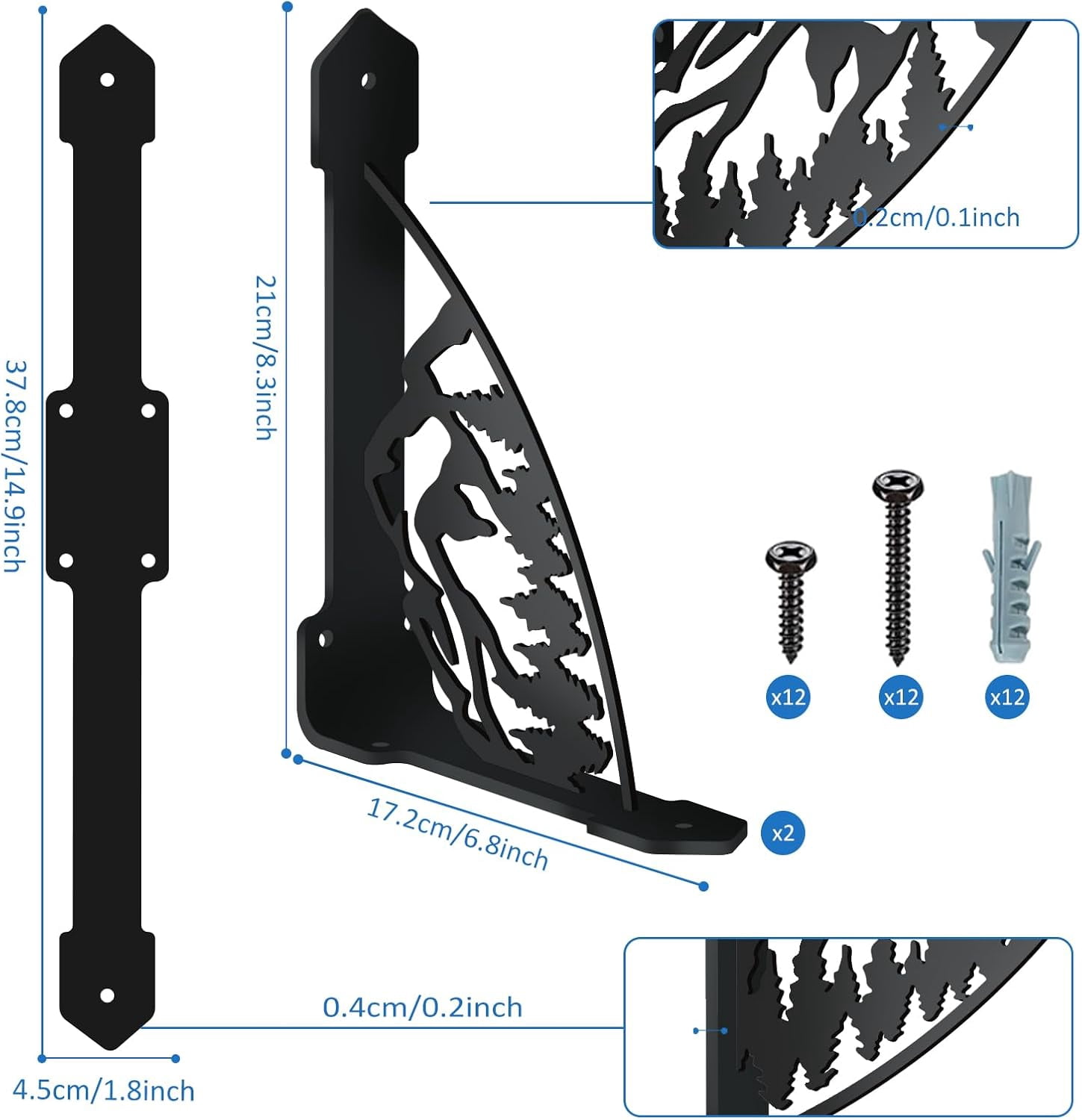 2 Pack Mountain DIY forests Shelf Brackets 300LB Heavy Duty Decorative Shelves Bracket Black Iron Corner Brackets DIY for Bookshelf Mailbox Mantel Corbels Metal Brace DIY for Kitchen 8.3x6.8in