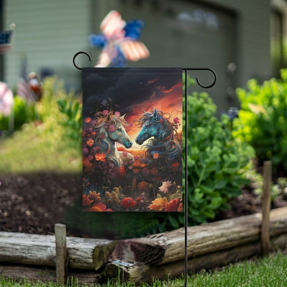 Horses Flowers Clouds Dark Garden Flag Double Sided Outdoor Banners for Courtyard Outdoor Lawn Farmhouse Holiday Decorations