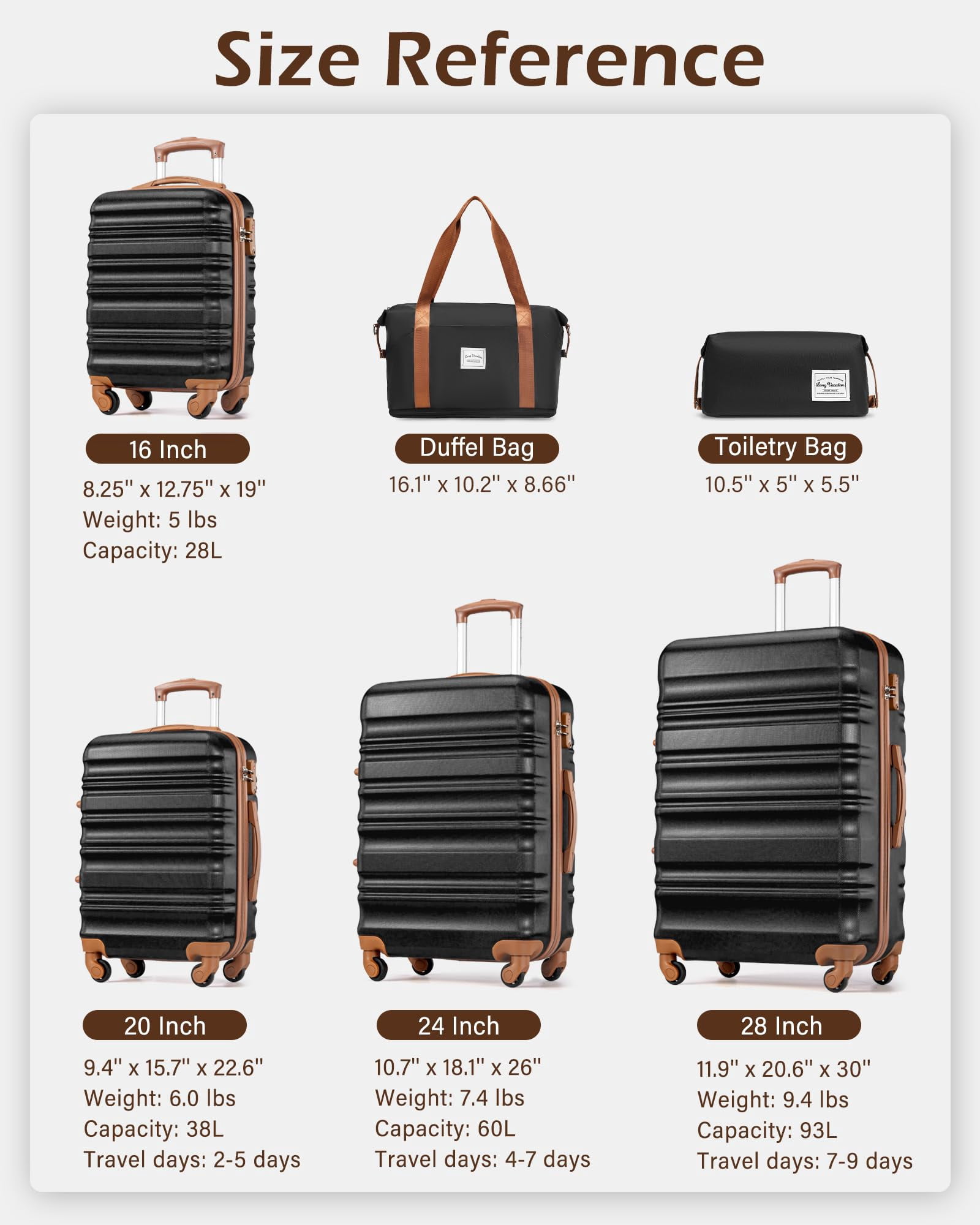 LONG VACATION Carry On Luggage Sets 3 Piece 20 Inch Suitcase Set, ABS+PC Hardshell Lightweight Travel Luggage with Spinner Wheels & YKK Zipper TSA Lock (BLACK-BROWN, 20 Inch)