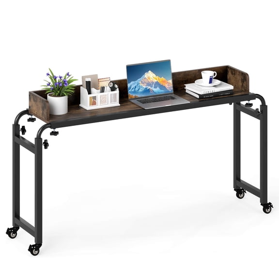 KDTHTF Overbed Desk with Wheels, Adjustable Height & Length, Metal Frame, Large Tabletop, Rolling Laptop Cart for Bedroom, Home Office