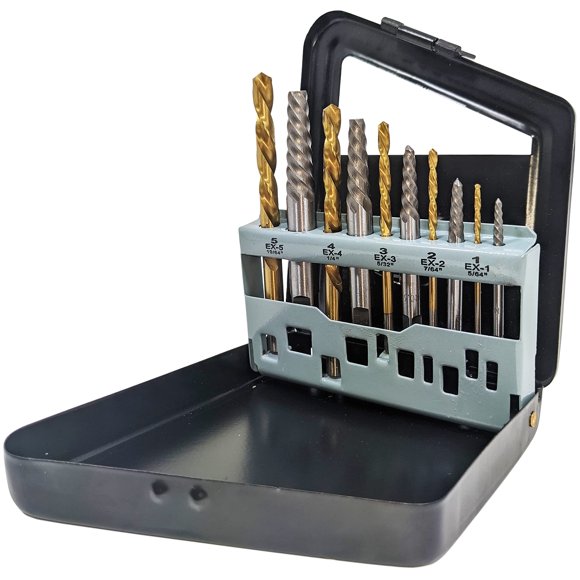 10 Piece Screw Extractor and Left Hand Drill Bit Set, Easily Remove Stripped Screws and Damaged Bolts, Includes 5 HSS Left-Hand Drill Bits, 5 GCr15 Extractors, Metal Case - EX ELECTRONIX EXPRESS