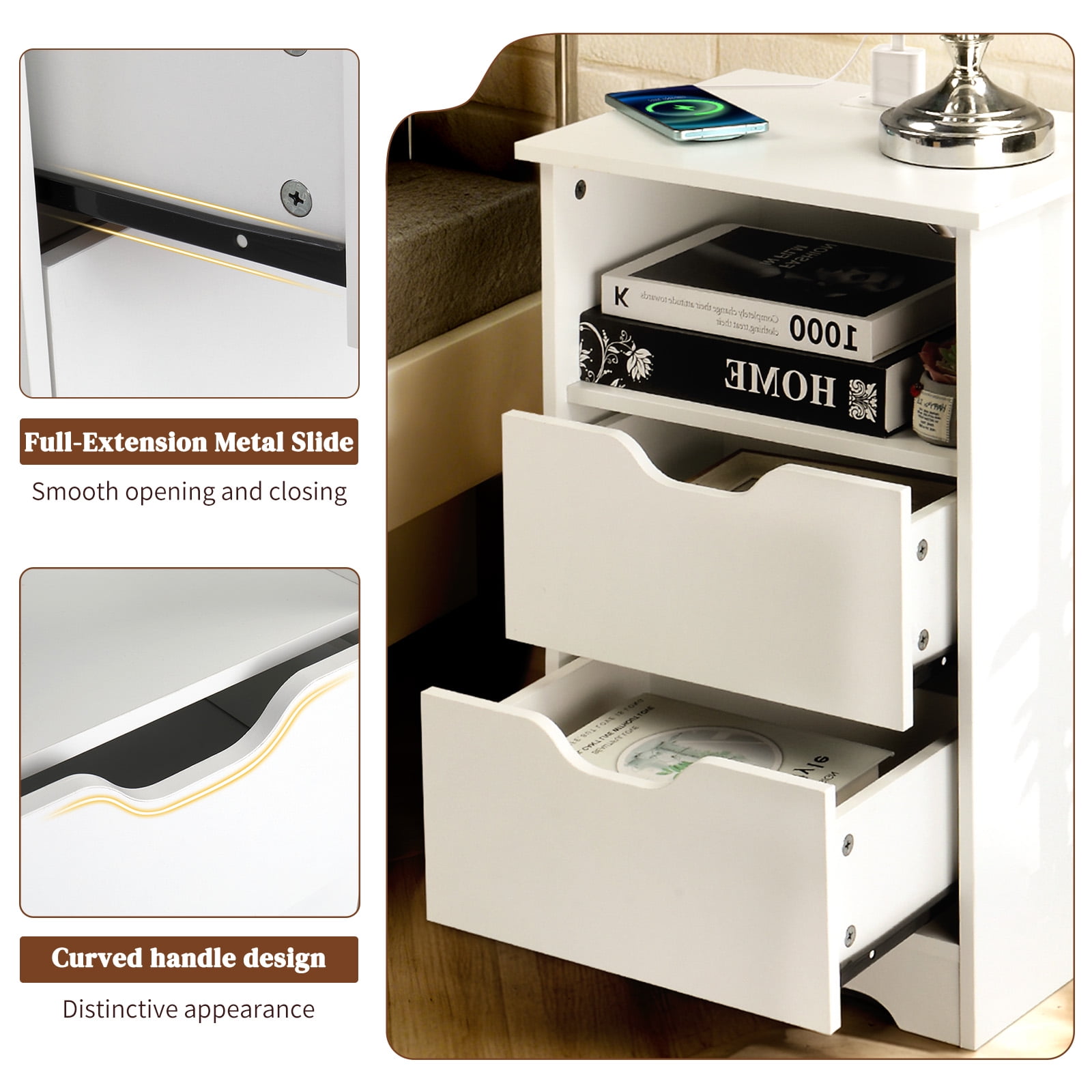 Ktaxon Set of 1 NightStand with Charging Station BedsideTable with 2 Storage Drawers,End Side for Bedroom,Country Style White