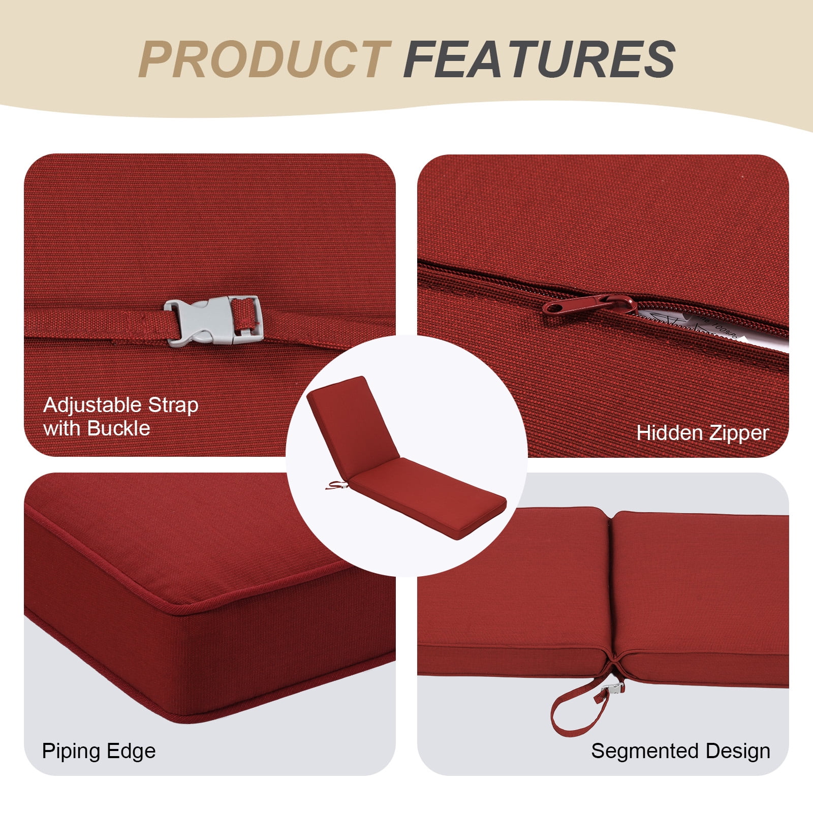BPS 72" x 21" x 3" Outdoor Chaise Lounge Cushion, Fade & Water Resistant Patio Chair Cushion, Set of 2 - Red