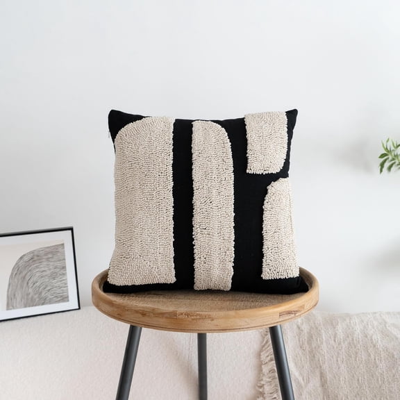MORAVE 1PCS 18x18 Inches Black Cream Boho Pillow Cover, Chunky Tufted Geometric Woven Square Throw Pillow Case, Modern Neutral Sham for Bed Couch Living Room Decor