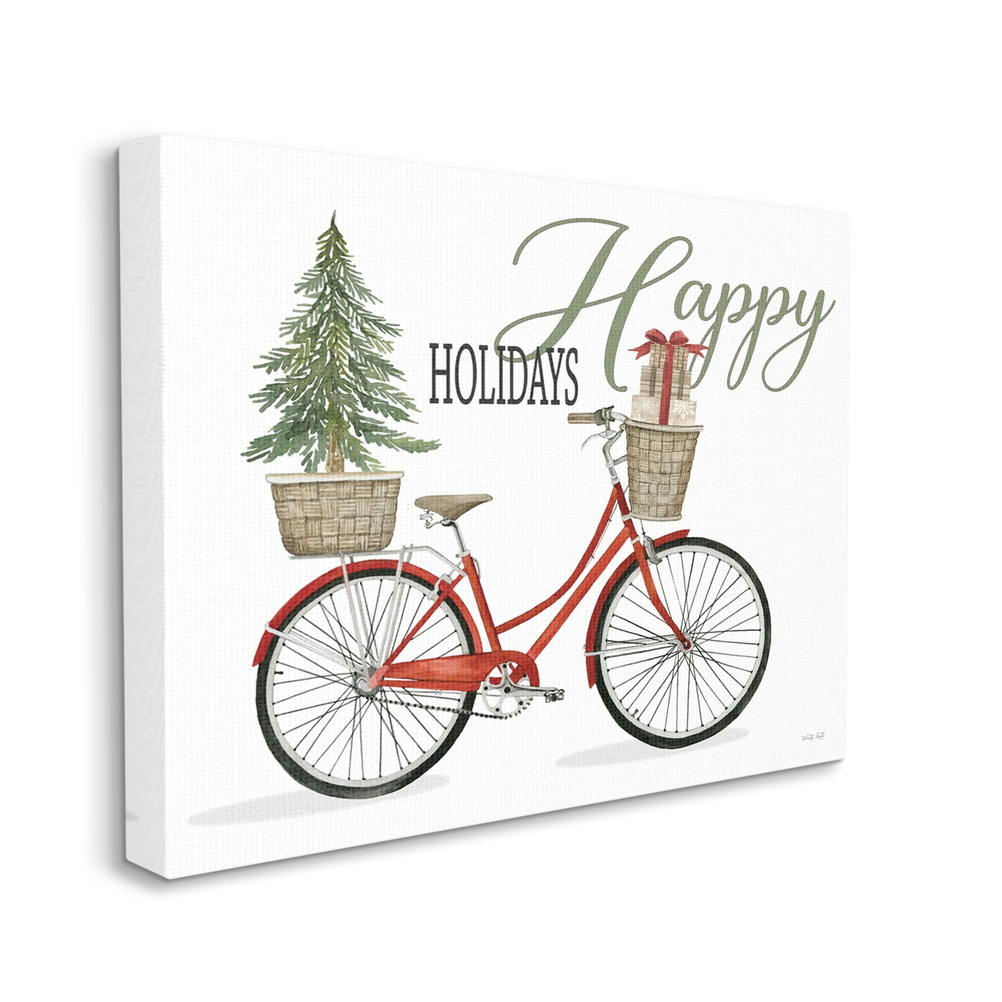 Happy Holidays Festive Red Bicycle Presents Basket Inspirational Graphic Art Gallery-Wrapped Canvas Print Wall Art