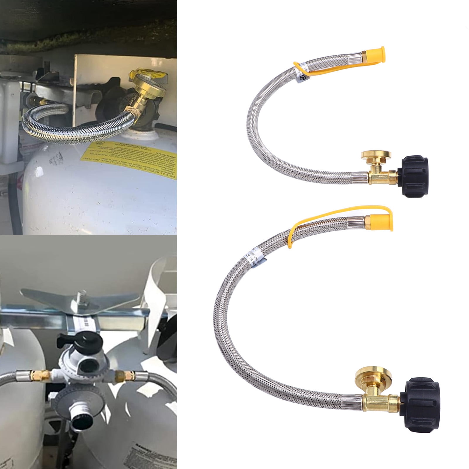 Riousery 2PCS 15 Inch RV Gas Hoses 1/4in NPT Thread 40Lb 250PSI Stainless Steel Pigtail Gas Line with Gauge for Standard Two Stage Regulator Camper Trailer Propane Connector Hose (15 inches / 38 cm)