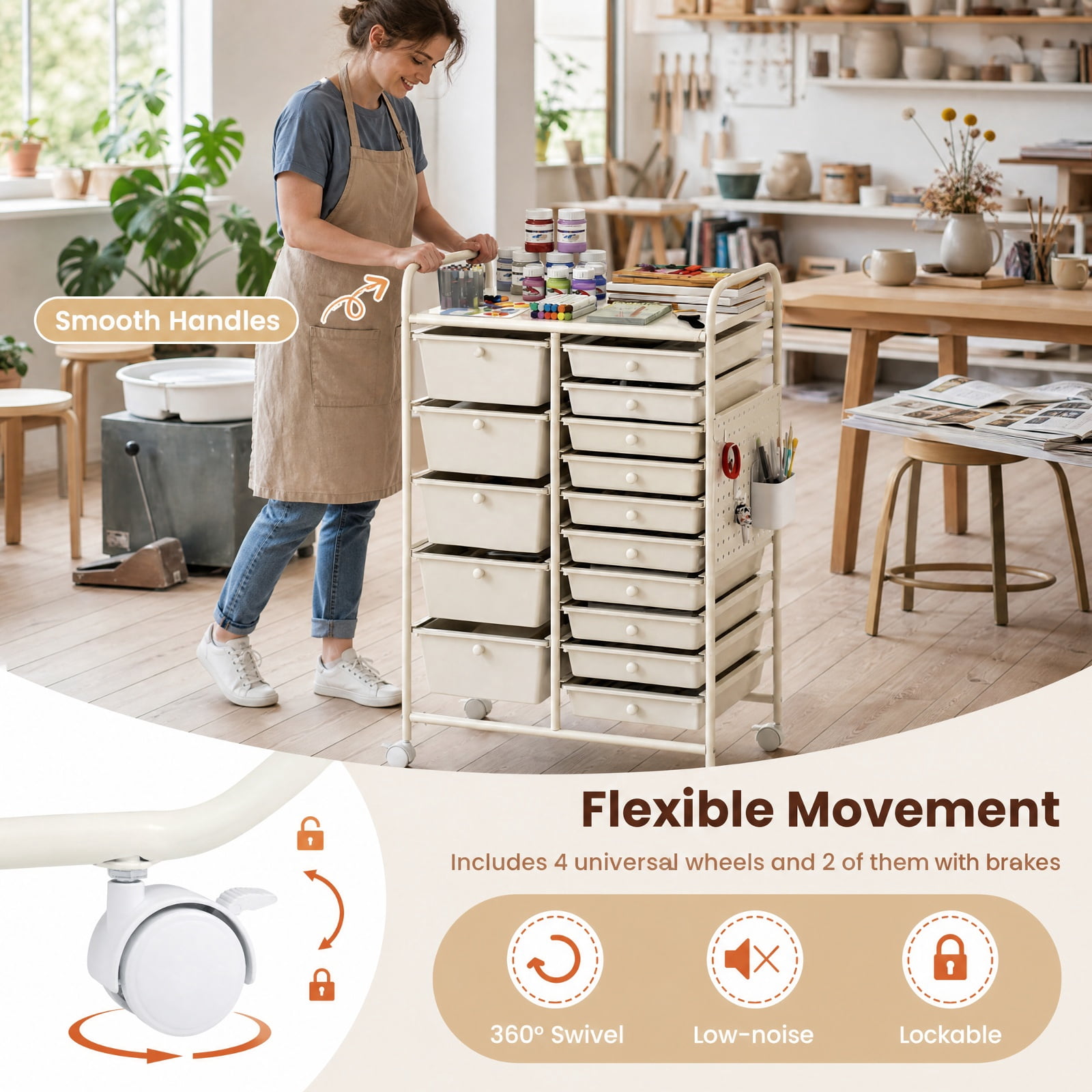 Furnibear 15 Drawer Rolling Storage Cart with Metal Tabletop Pegboard and Locking Wheels for Kitchen Office and Classroom Organizing, White