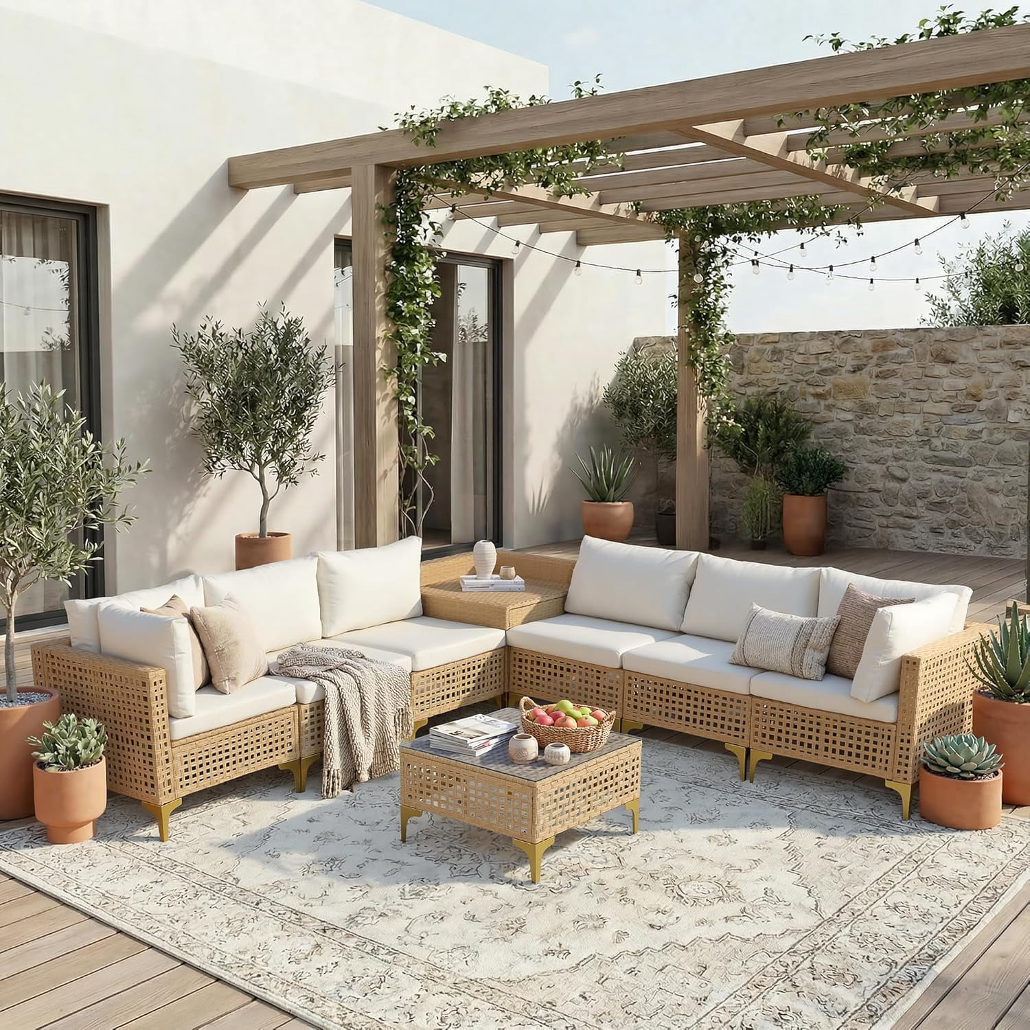 Ainfox 8-Piece Oversized Wicker Patio Furniture Set, UV-Resistant PE Rattan Outdoor Conversation Sofa with Storage Box & Tempered Glass Coffee Table, Yellow/Beige | Porch Backyard Poolside