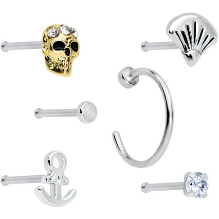 Body Candy Womens 6Pc 20G Nose Bone Steel Nautical Skull Nose Ring Nose Piercing Jewelry Pack 6mm-8mm