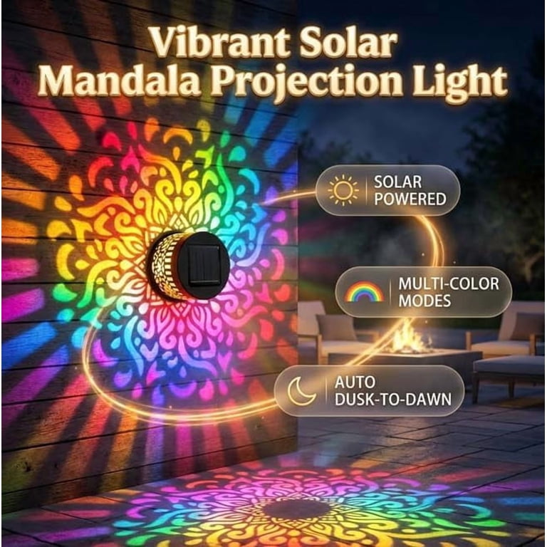Solar Mandala Projection Wall Light – 7-Color Changing, IP65 Waterproof, Metal Fence Light, Solar Powered – 4-Pack For Garden, Patio, Backyard Decor