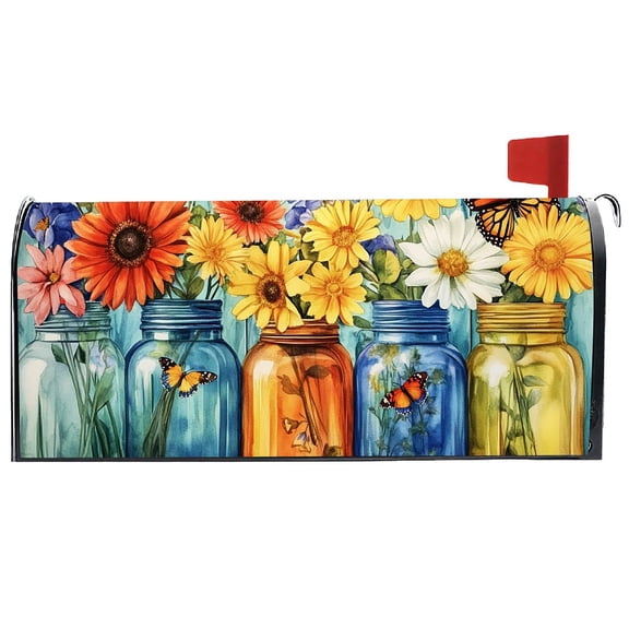 Yellow Butterfly Mailbox Cover Waterproof Mailbox Covers Sunflower Daisy Pattern Standard Size 21 x 18 Inch Polyester Post Letter Box Decoration
