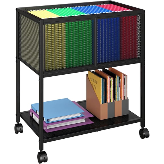 Huxidaja Rolling File Cart, Metal Mesh & Wood Mobile File Cabinet with Wheels, Hanging File Organizer for Letter Size, Black