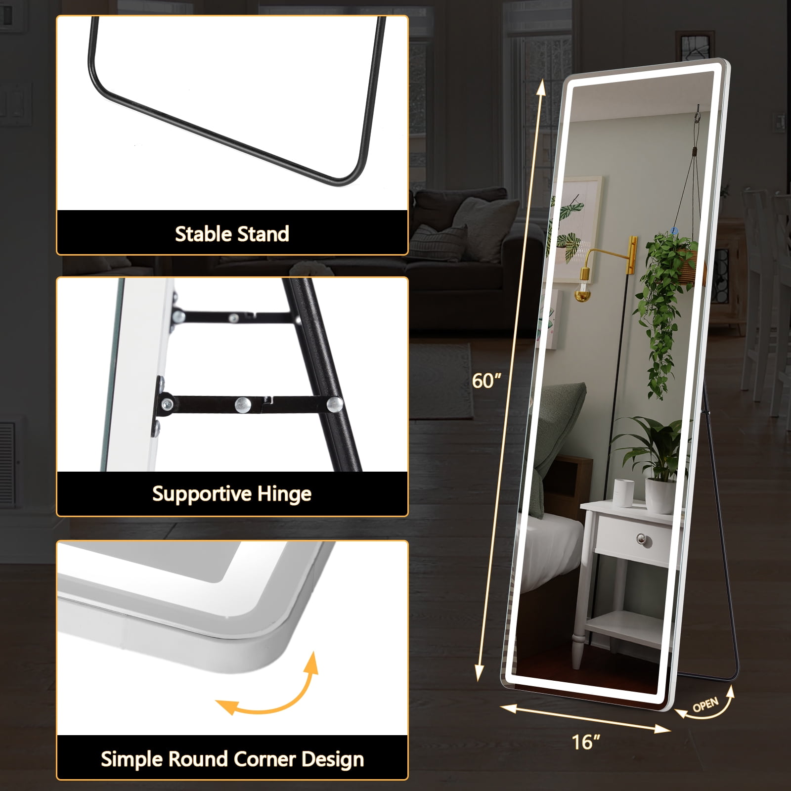 GIANNA 60"x16" LED Full Length Mirror with Aluminum Frame and Polished Glass for Bedroom