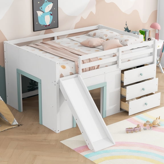 Full Bed Frame, Double Bed Frame,Full Size Low Loft Bed with Slide,Three Storage Drawers and Two Doors,White