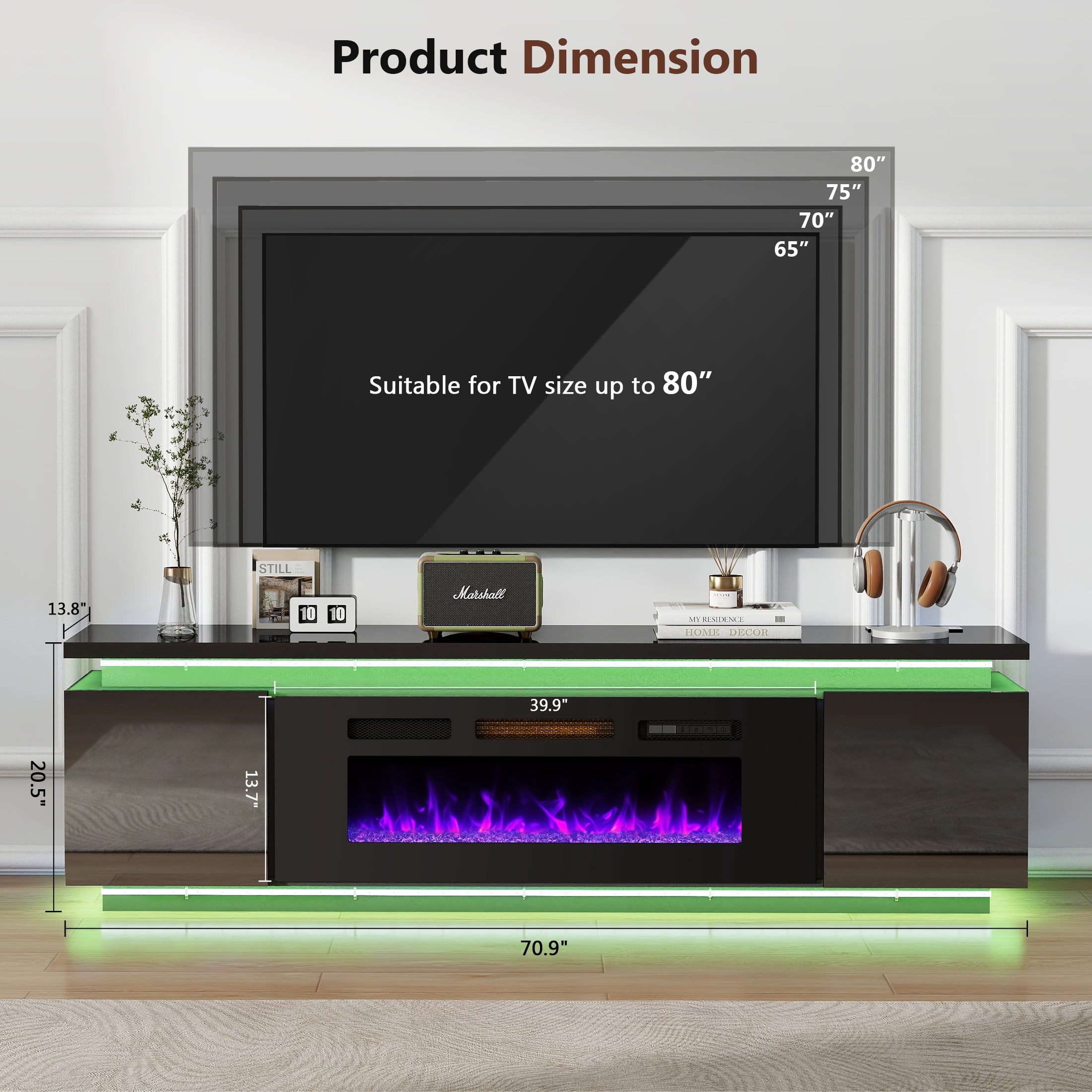 Anrist Electric Fireplace TV Stand for TVs up to 80" with LED Lights & 4 AC Power Outlets, TV console for Living Room, Black, Ship in 2 Boxs