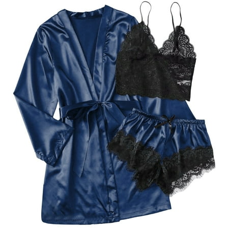 ASFGIMUJ Women  Silk Satin Pajamas Set 3Pcs Lingerie Floral Lace Sleepwear With Robe Size M