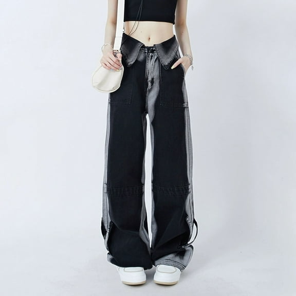 Simua Women's Jeans with Patchwork High Waist Loose Denim Color Block Jean Straight Wide Leg Pants