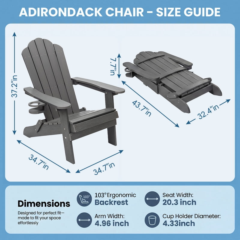 JEKO&JEKO Folding Adirondack Chair with Cup Holder, HIPS All-Weather Outdoor Chair for Patio, Deck, Backyard, Garden - Gray