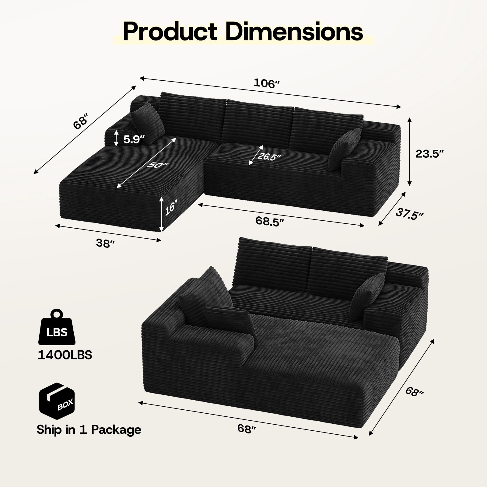 Patbrela 106" Sectional Couch for Living Room, L-Shaped Boneless Cloud Couch Corduroy Modern Sectional Sofa with Deep Seat and Thickened Cushion, No Assembly Required, Black