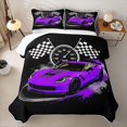 thumbnail image 2 of Castle Fairy Retro Racing Car Twin Quilt Set for Boys,Checkered Flag Print Twin Coverlet Set for Bedroom,Purple Black, 2 of 7