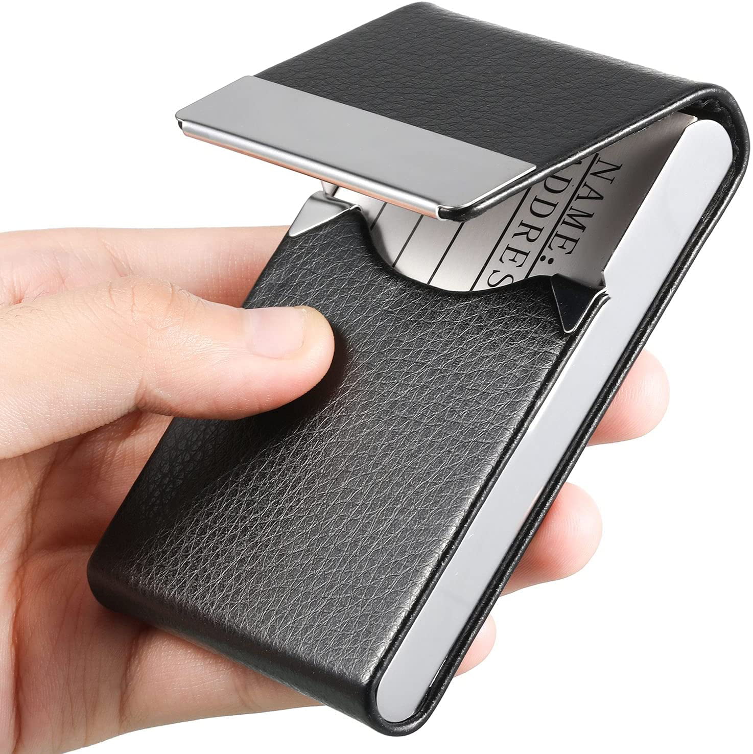 3 Pieces Business Card Holder PU Leather Business Card Case Name Card Holder Slim Metal Pocket Card Holder with Magnetic Shut Brown Black Gray