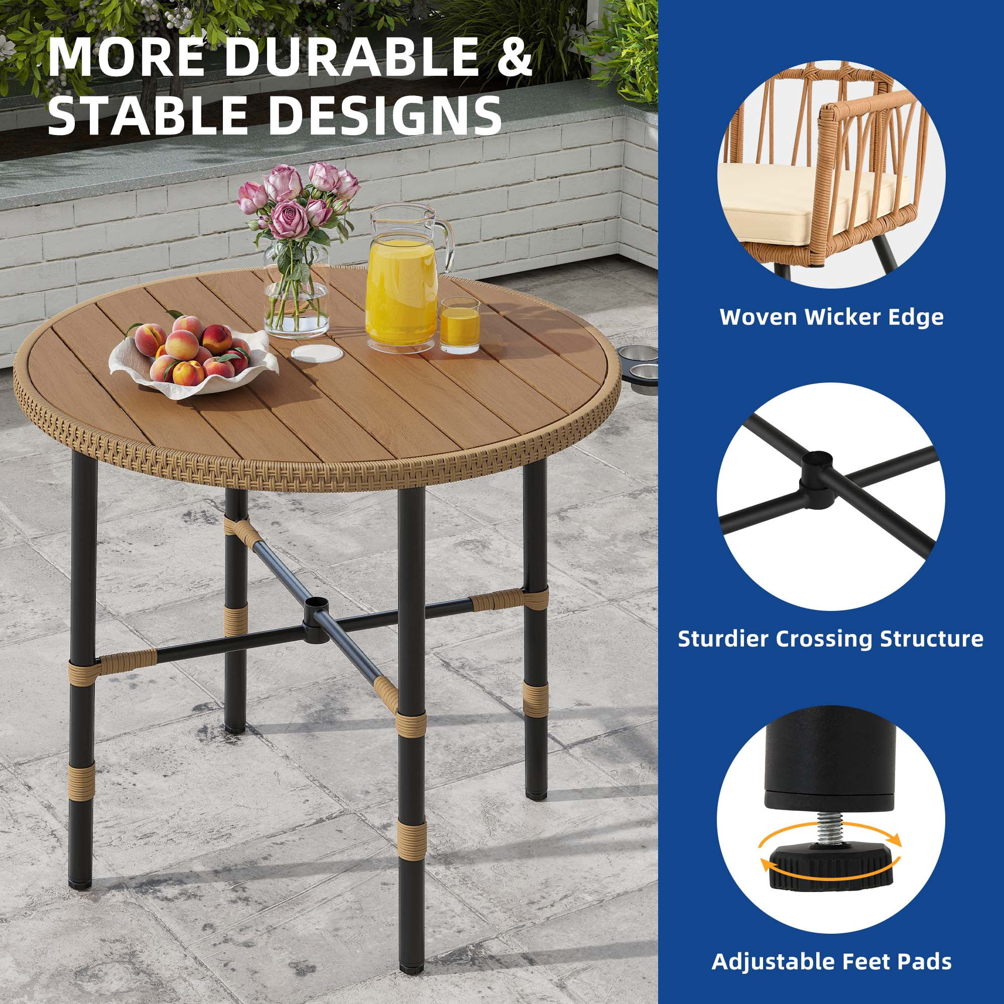 Uforic 5 Pieces Outdoor Patio Dining Table Set, 4 Rattan Wicker Dining Chair and ROUND Dining Table with Umbrella Hole for Garden, Lawn,Patios, Backyard