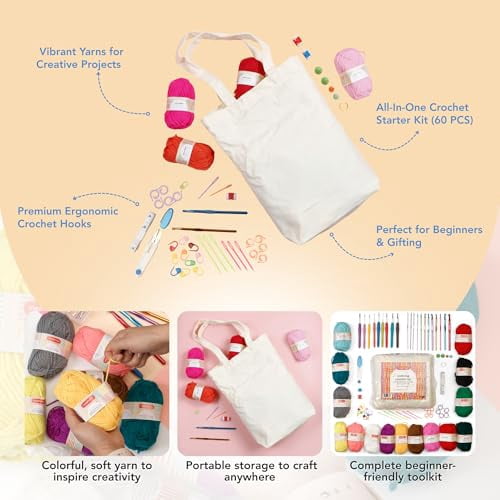Crochet Kit for Beginners – 85 Piece Beginner Crochet Kit for Adults & Kids with Yarn,Hooks,Accessories & Bonus Tote Bag Organizer – Learn to Crochet with Complete Starter Set