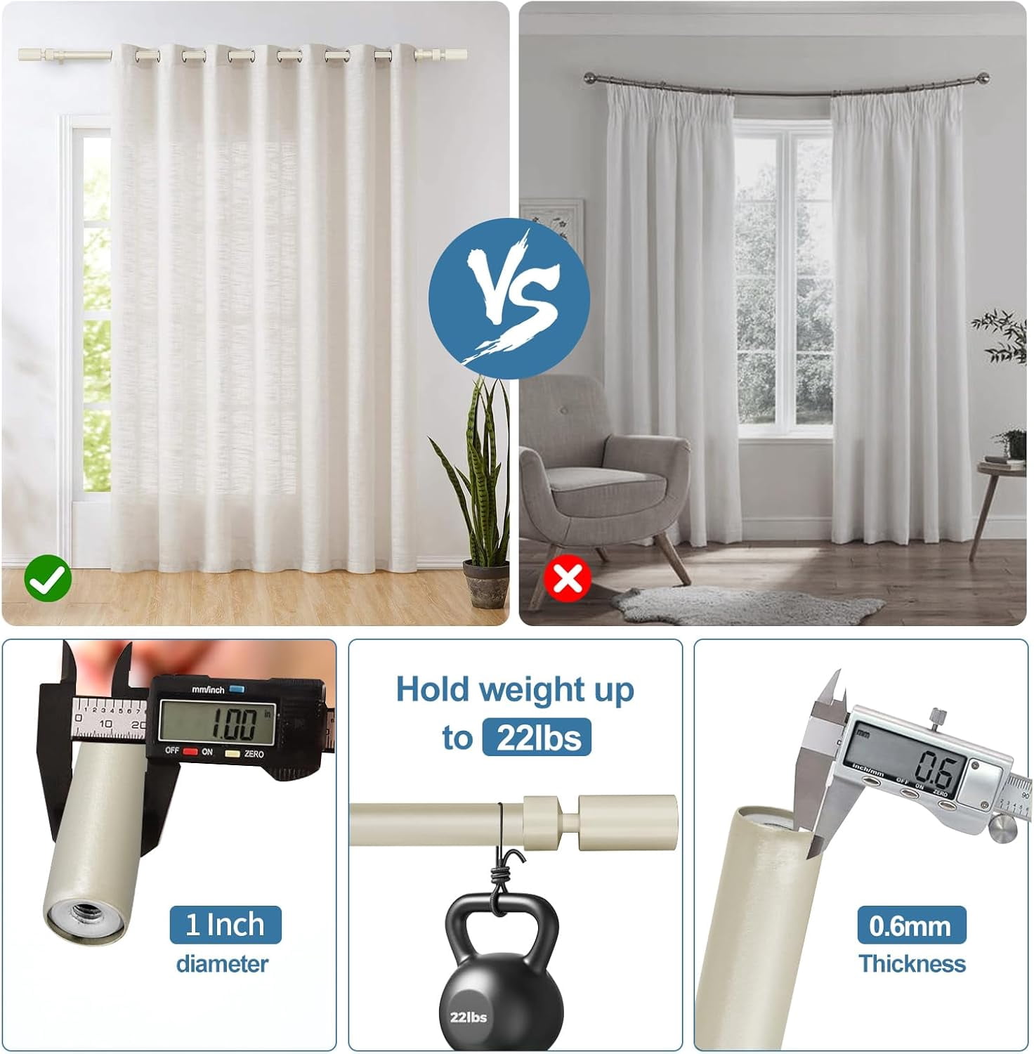 Urbanest Adjustable Single Curtain Rod Set Sullivan Finials – 1 - Inch Diameter, With French White Rod, 28–48 Inches