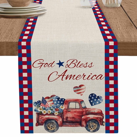 nqOlkjepod 4th of July Truck Table Runner 60 Inches Long Farmhouse Dress Scarves, Independence Day Red Blue Plaid Love Heart Dining Tablerunner for Coffee Table/Kitchen Island/Party, 13" x 60"