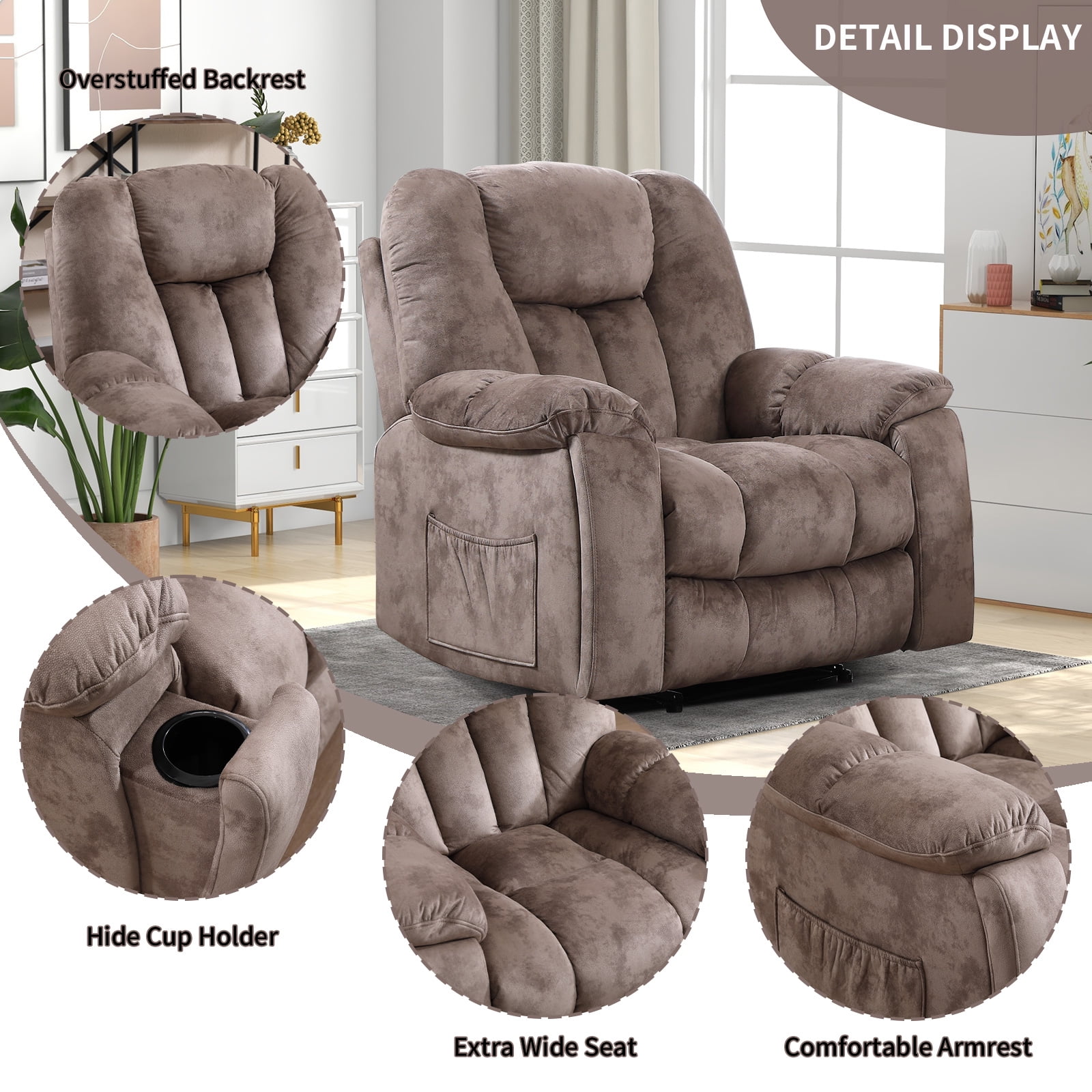 Bonzy Home Manual Recliner Chair with Massage and Heat, Overstuffed Single Reclining Sofa with Hidden Cup Holders and Side Pocket, Brown