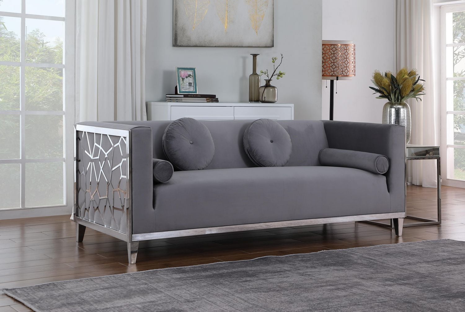 K-Living Darlene Grey Plush Velvet Sofa Set with Chrome Stainless Steel Detailing on Arm Sides (Includes Sofa, Loveseat and Chair)