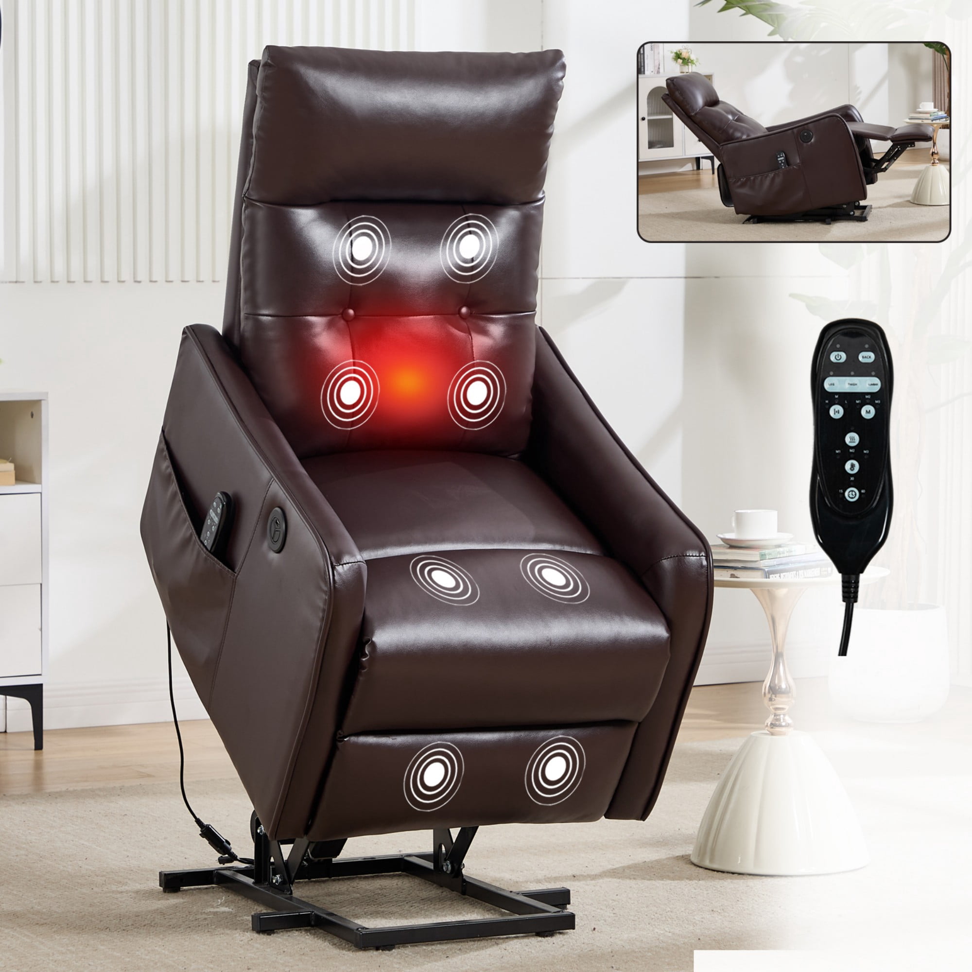 BSHTI Faux Leather Power Lift Recliner Chair with Vibration Massage, Lumbar Heat, USB Charging for Living Room(Brown)