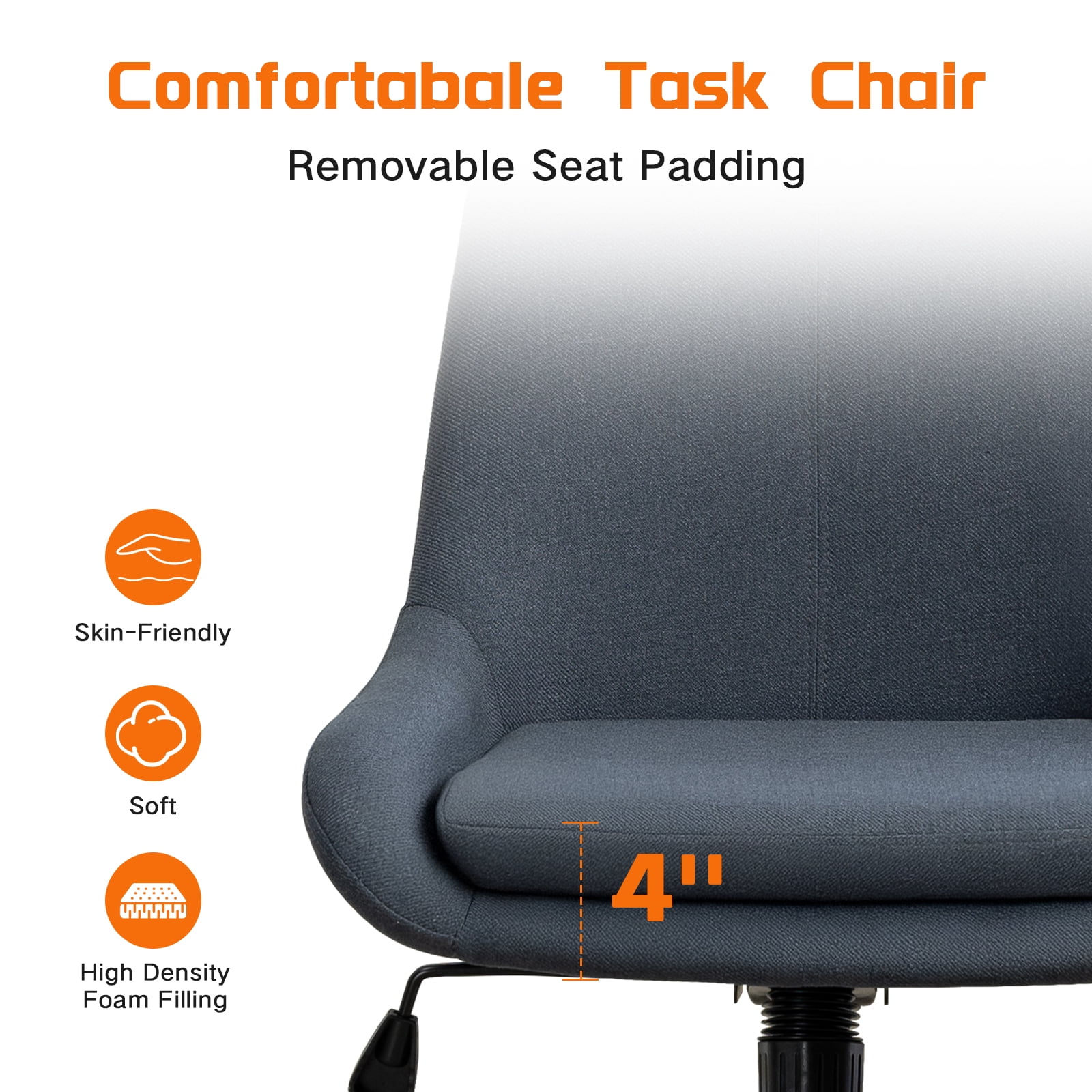 Linen Fabric Home Office Task Chair, Armless Vanity Chair With Wheels, Swivel Adjustable Seat Height Desk Chair with Rocking Function for Bedroom, Living Room or Study Dark Gray