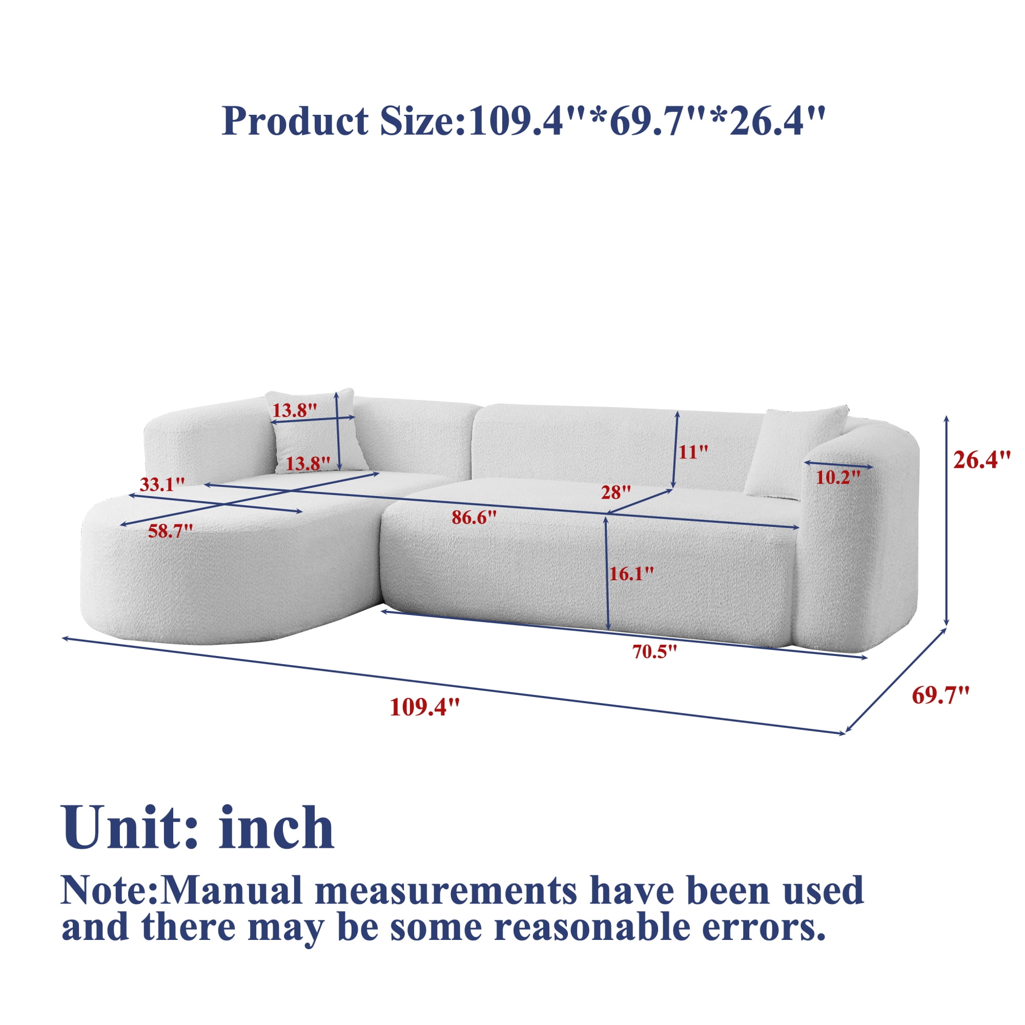 Leumius 109.4" Modern L-Shape Modular Sectional Sofa, Luxury Modern Curved Back Sofa with 2 Throw Pillows, Minimalist Boneless Cloud Couch Beige