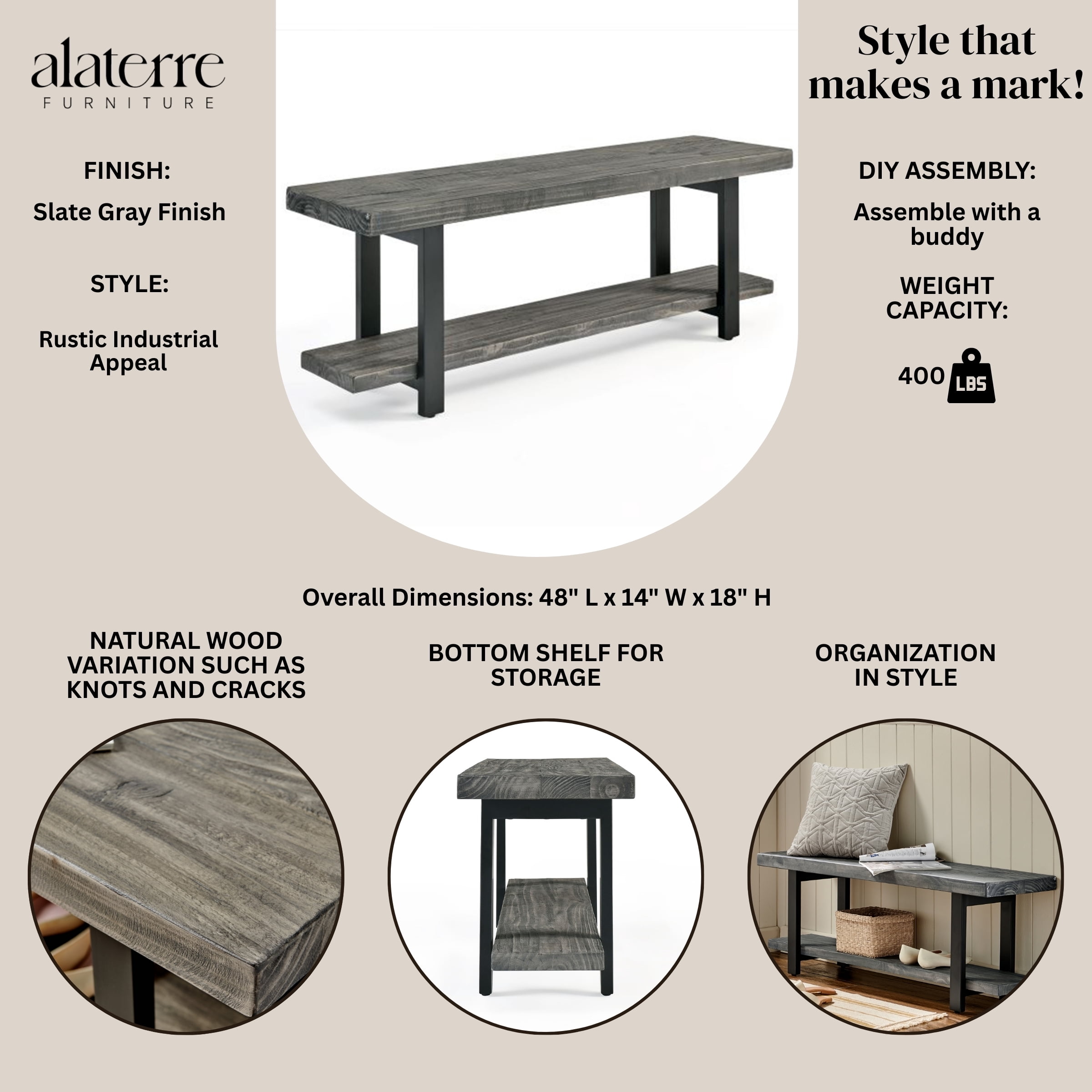 Pomona 2 Tier Entryway Bench with Storage Shelf – Solid Pine Wood Seat with Black Metal Frame – Rustic Industrial Shoe Bench for Hallway, Dining, or Living Room by Alaterre Furniture (Slate Gray)