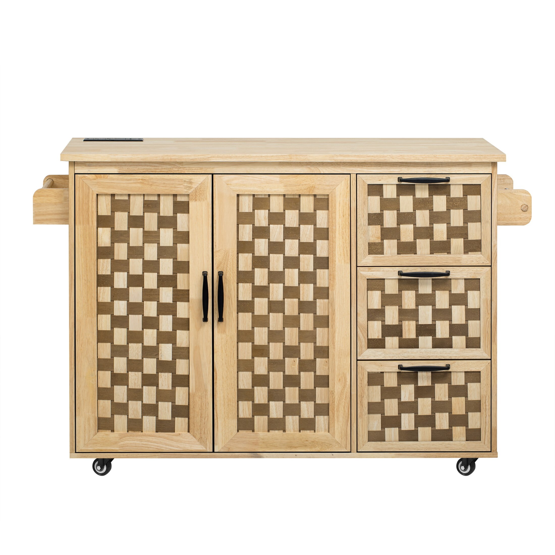 DEALTOPS 53.2'' Kitchen Island with Power Outlet and Drop Leaf, Moving Woven Checkerboard Design Kitchen Storage Carts, Natural
