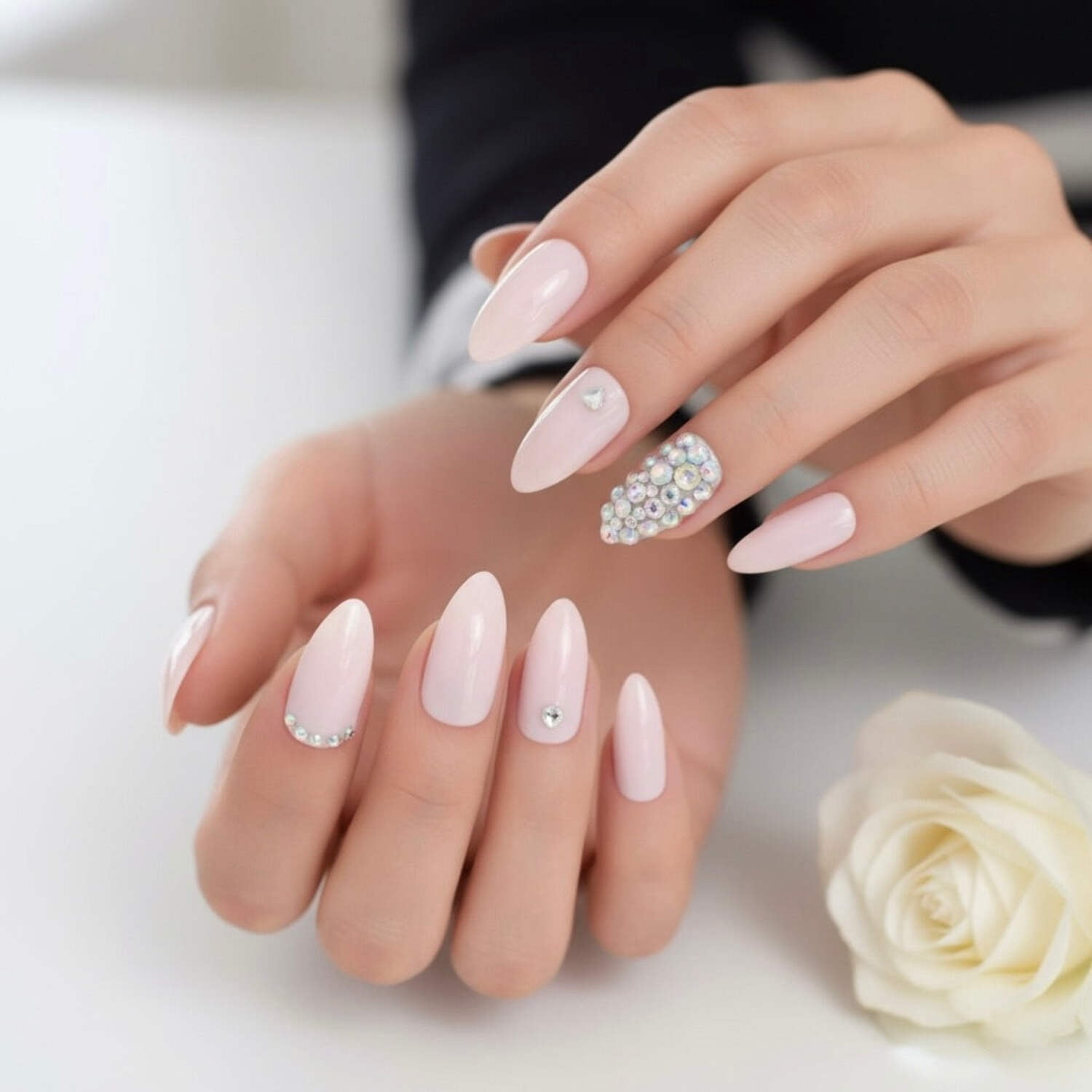 Nude 3D Crystal Press On Nails, Long Stiletto Acrylic Tips Rhinestones Design Fake Nails Set